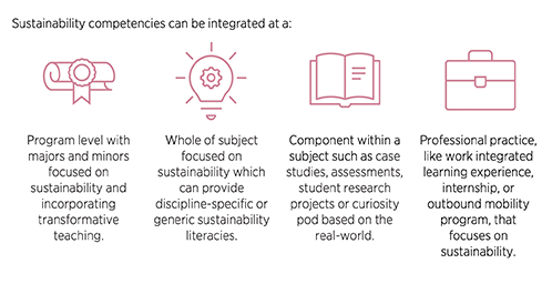 Examples of intergration of sustainability competencies - program level, whole of subject, learning activity, internship/work experience