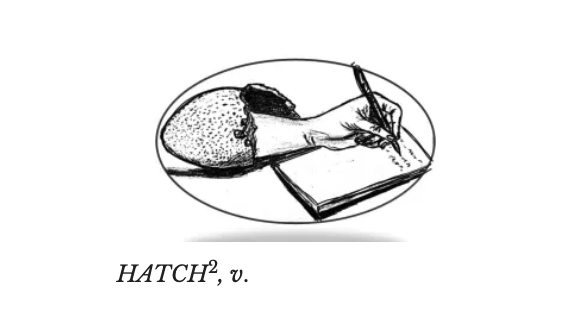 The Hatch Logo. It is a cartoon black and white drawing of a hand writing on a sheet of paper with a pen.